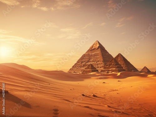 Ancient Pyramids between golden dunes in a hot desert