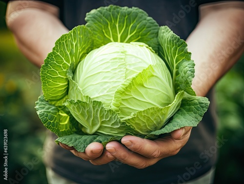 Freshly harvested Cabbage in farmer's hand, close-up shot