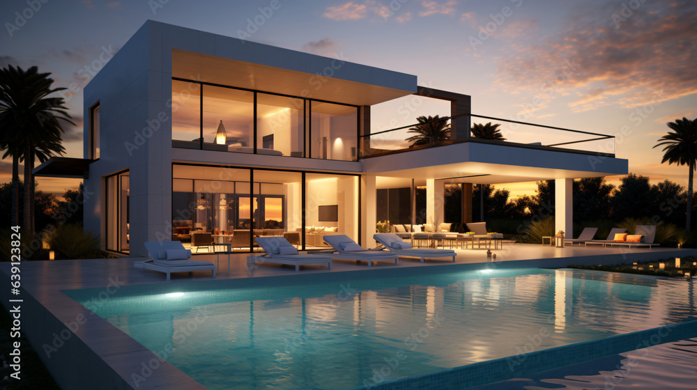 Exterior view of a modern cubic villa featuring a swimming pool, captured at sunset.

Generative AI