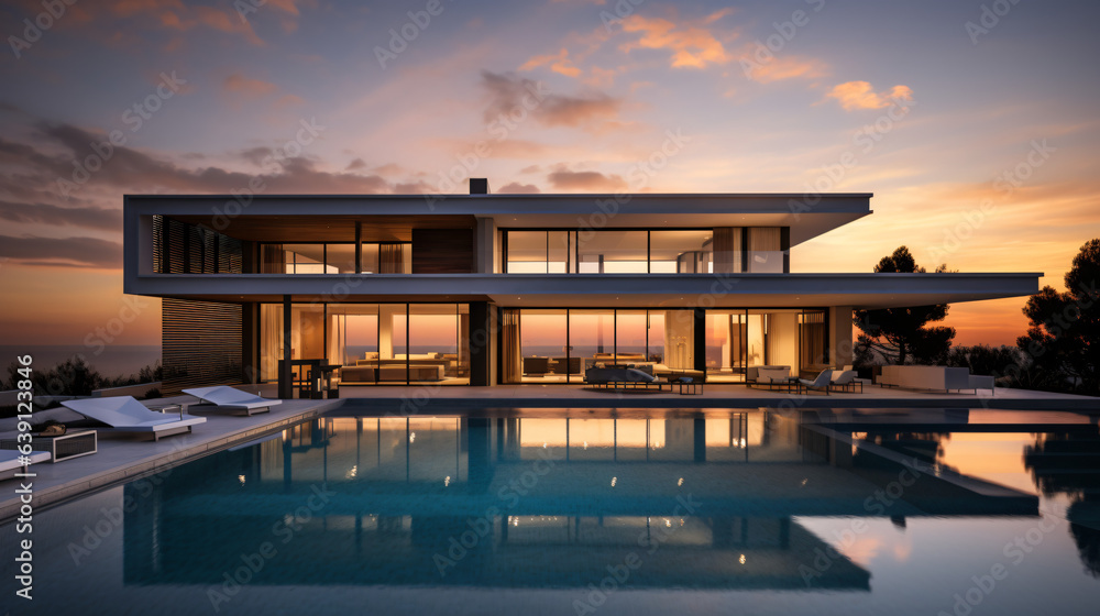 Fototapeta premium Exterior view of a modern cubic villa featuring a swimming pool, captured at sunset.Generative AI