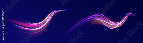 Elegant bright neon linear wave. Abstract light lines of movement and speed with blue color and sparkles.  The effect of speed on a blue background. Vector Illustration.	