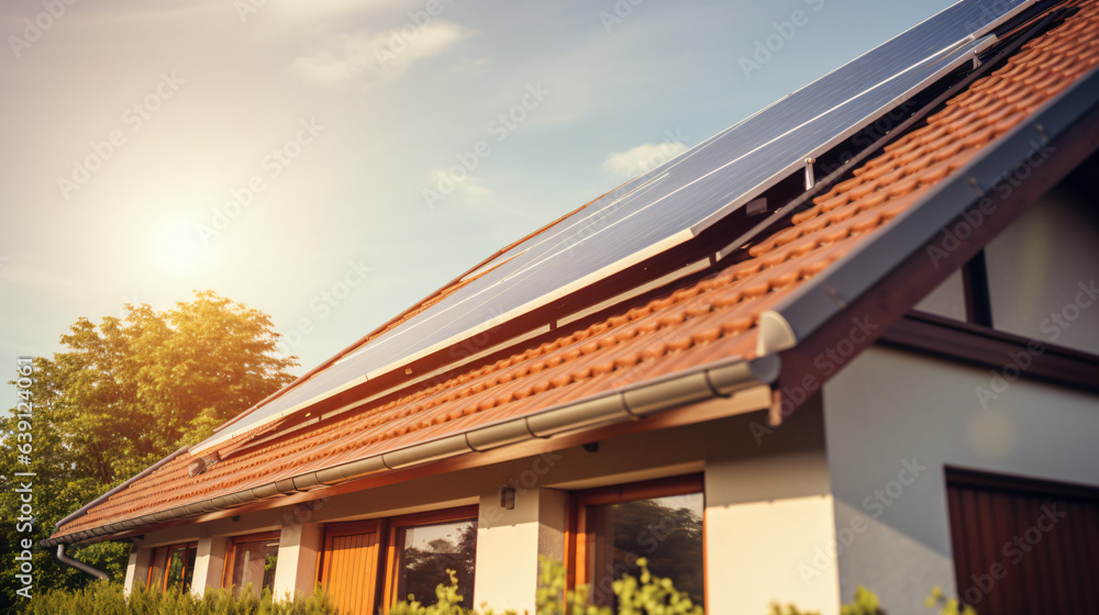 Close-up of a new building featuring solar panels on the roof, highlighting sustainable and clean energy in a modern home setting.
Generative AI Close-up of a new building featuring solar panels on the roof, highlighting sustainable and clean energy in a modern home setting.
Generative AI