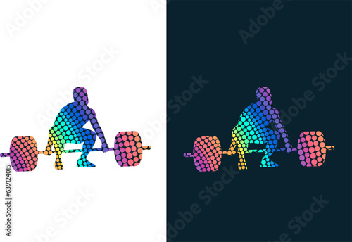 Set of silhouettes of weightlifting athletes on white background. Isolated vector colored images. Abstract vector image from colored dots of powerlifting sportsmen.