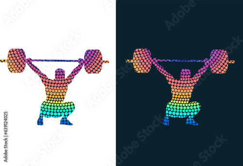Set of silhouettes of weightlifting athletes on white background. Isolated vector colored images. Abstract vector image from colored dots of powerlifting sportsmen.