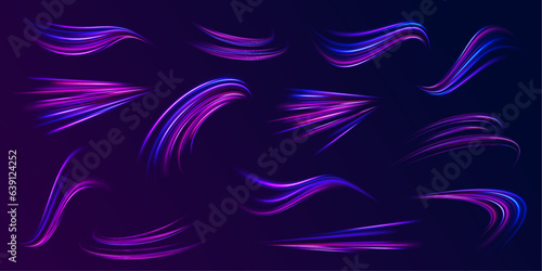 Neon glowing lines, spiral effect, fast car speed. Laser beams luminous abstract sparkling isolated on a transparent background. Vector Illustration.