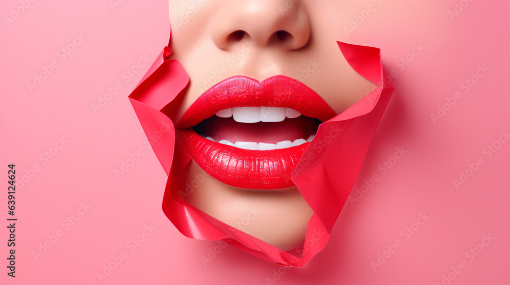 Gorgeous plump bright lips in shades of red and pink, set against a modern conceptual pop art background, appearing as if cut or ripped into a slit of colorful paper.

Generative AI - obrazy, fototapety, plakaty 