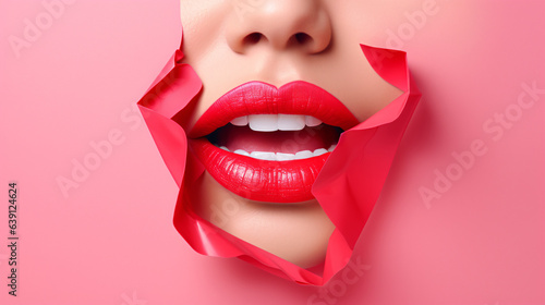 Gorgeous plump bright lips in shades of red and pink, set against a modern conceptual pop art background, appearing as if cut or ripped into a slit of colorful paper.

Generative AI