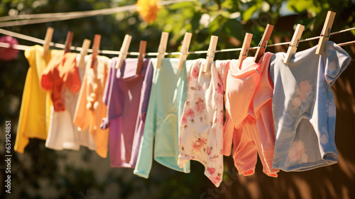 Colorful children\'s clothing dries on an outdoor clothesline, bathed in sunlight to protect against fading colors. Modern organic baby detergents and washing techniques employed.\
\
Generative AI