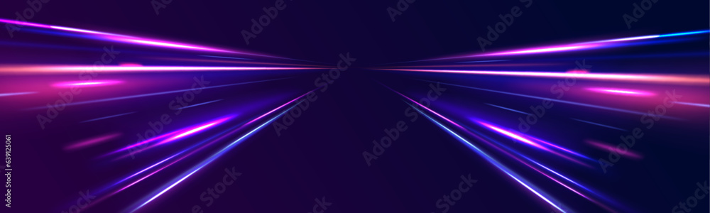 Horizontal speed lines connection vector background. Futuristic dynamic motion technology blue glowing lines air flow effect.  Racing cars dynamic flash effects city road with long exposure.