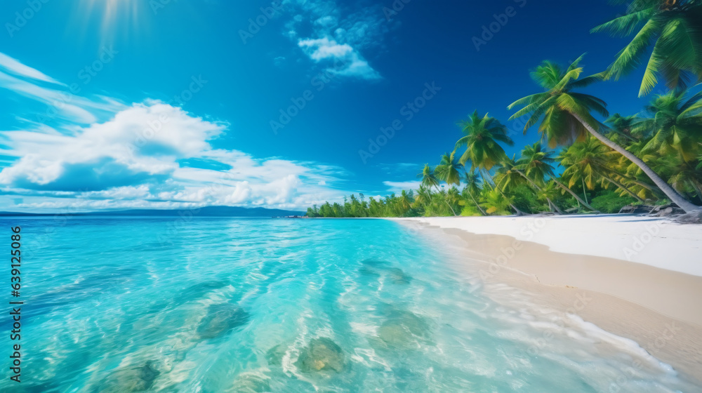 Travel Beach Concept: Pristine white sand meets a tranquil sea bay under a sunlit blue sky. Featuring exotic paradise vibes from the Mediterranean to the tropics, with green palm trees. Generative AI Travel Beach Concept: Pristine white sand meets a tranquil sea bay under a sunlit blue sky. Featuring exotic paradise vibes from the Mediterranean to the tropics, with green palm trees. Generative AI