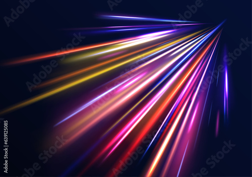 Panoramic horizontal high speed highway concept, light abstract background. Technology flow design illustration.