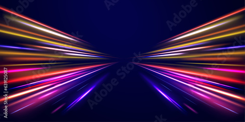 Panoramic horizontal high speed highway concept, light abstract background. Technology flow design illustration.