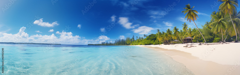 Travel Beach Concept: Pristine white sand meets a tranquil sea bay under a sunlit blue sky. Featuring exotic paradise vibes from the Mediterranean to the tropics, with green palm trees. Generative AI