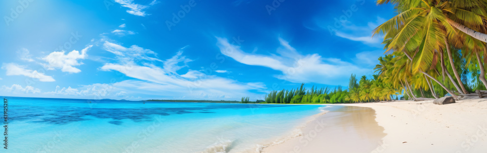 Obraz premium Travel Beach Concept: Pristine white sand meets a tranquil sea bay under a sunlit blue sky. Featuring exotic paradise vibes from the Mediterranean to the tropics, with green palm trees. Generative AI