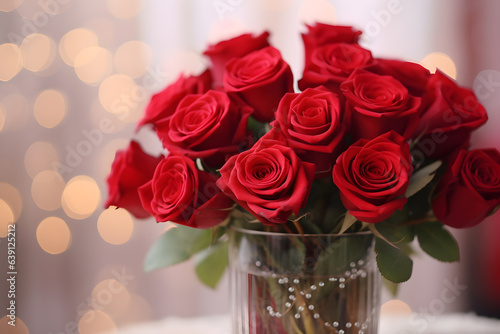 Beautiful Rose flowers in vase on the table with sunlight on bokeh background. Copy space for add text