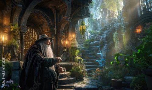 Photo of a whimsical gnome engrossed in a magical book in a enchanting fantasy world