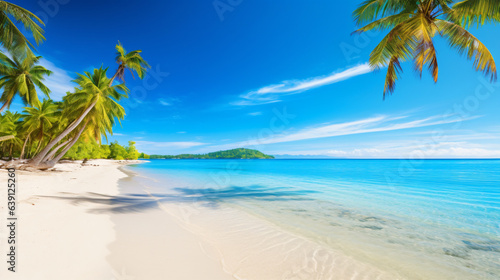 Travel Beach Concept: Pristine white sand meets a tranquil sea bay under a sunlit blue sky. Featuring exotic paradise vibes from the Mediterranean to the tropics, with green palm trees. Generative AI