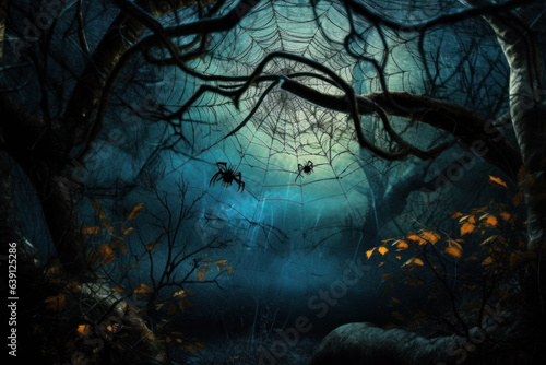 Halloween greeting card with pumpkins  full moon and scary forest