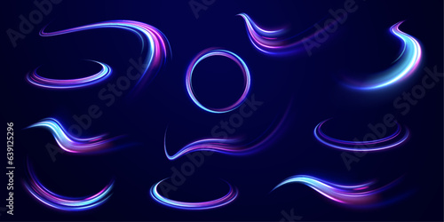 Abstract fire flare trace lens flares acceleration speed motion on night road.  Shine dynamic scene. Neon flare. Colorful rays.	
