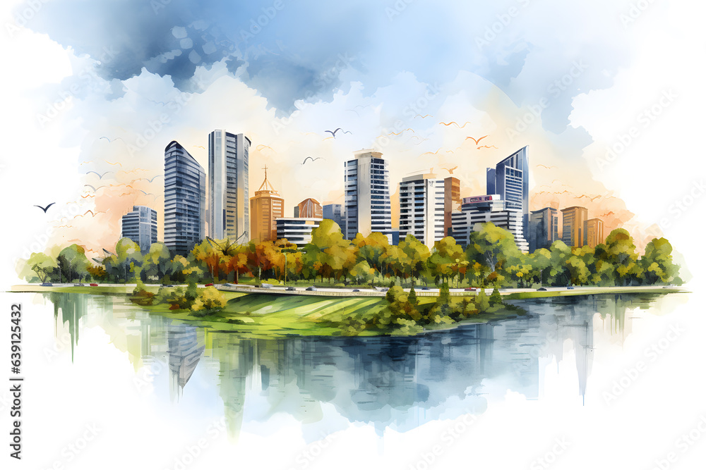 Beautiful cityscape with skyscraper and tree with reflect from the river. Watercolor illustration background Beautiful cityscape with skyscraper and tree with reflect from the river. Watercolor illustration background