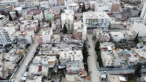 Aerial view of the debris field of a neighborhood destroyed in the earthquake. Adiyaman, Turkey photo