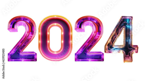 Happy New year 2024 neon numbers on transparent background
