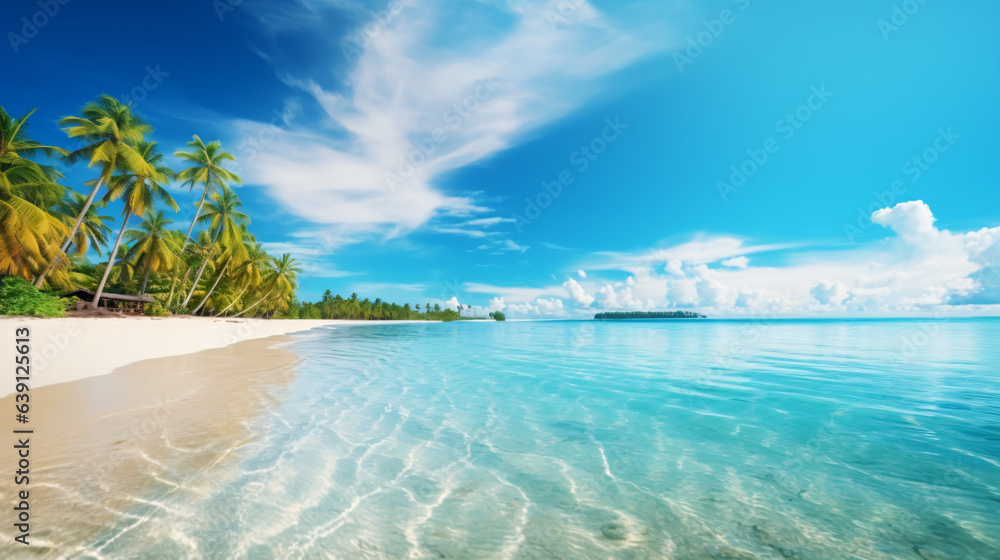 Fototapeta premium Travel Beach Concept: Pristine white sand meets a tranquil sea bay under a sunlit blue sky. Featuring exotic paradise vibes from the Mediterranean to the tropics, with green palm trees. Generative AI