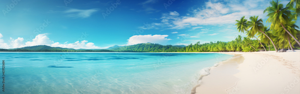 Travel Beach Concept: Pristine white sand meets a tranquil sea bay under a sunlit blue sky. Featuring exotic paradise vibes from the Mediterranean to the tropics, with green palm trees. Generative AI Travel Beach Concept: Pristine white sand meets a tranquil sea bay under a sunlit blue sky. Featuring exotic paradise vibes from the Mediterranean to the tropics, with green palm trees. Generative AI