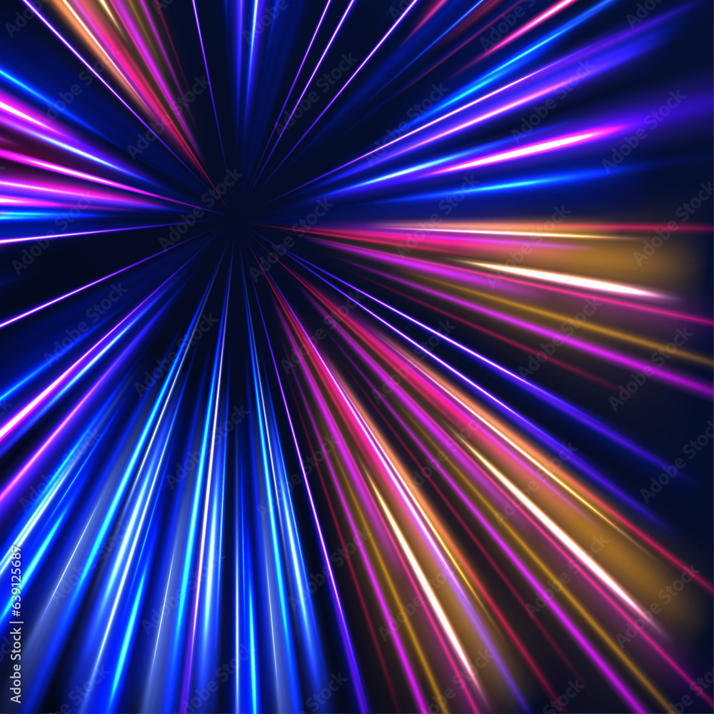 Lines in the shape of a comet against a dark background. Illustration of high speed concept. Motion light effect for banners. The effect of speed on a blue background.