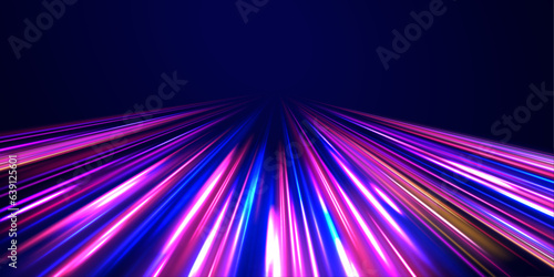 Lines in the shape of a comet against a dark background. Illustration of high speed concept. Motion light effect for banners. The effect of speed on a blue background.
