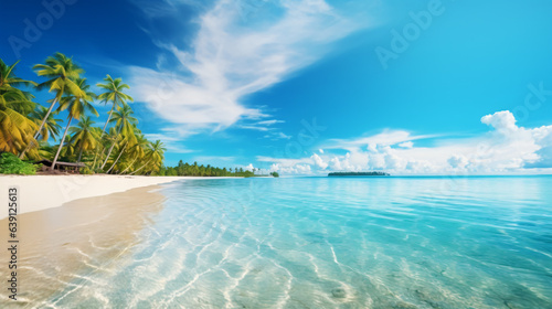 Travel Beach Concept: Pristine white sand meets a tranquil sea bay under a sunlit blue sky. Featuring exotic paradise vibes from the Mediterranean to the tropics, with green palm trees. Generative AI