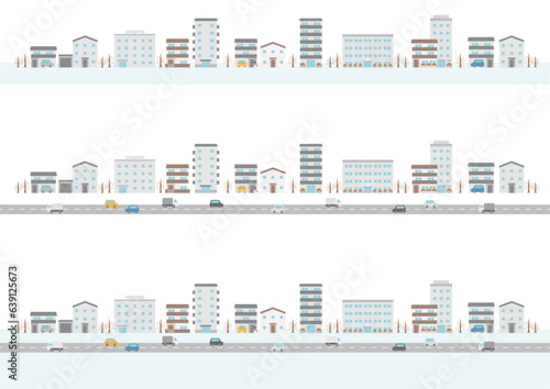 冬の街並みの建物や車のイラストのセット_1
