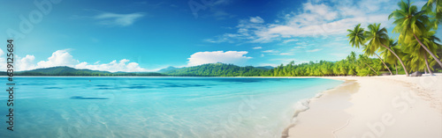 Travel Beach Concept  Pristine white sand meets a tranquil sea bay under a sunlit blue sky. Featuring exotic paradise vibes from the Mediterranean to the tropics  with green palm trees. Generative AI