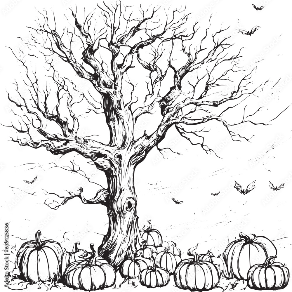 Halloween scary tree vector with halloween pumpkin sketch isolated on white background. Halloween tree in vintage style and pumpkin vector illustration.