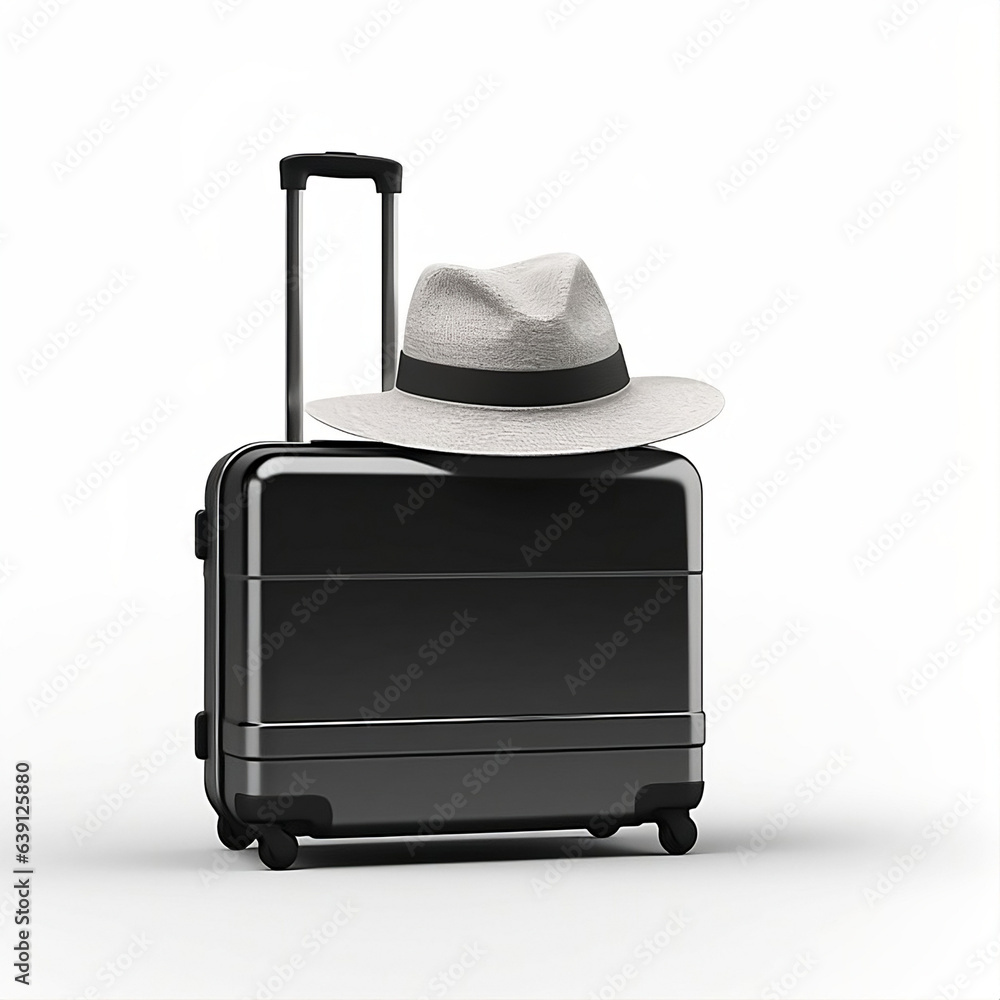 black color suitcase with hat on white background. 3D rendering. travel concept black color suitcase with hat on white background. 3D rendering. travel concept