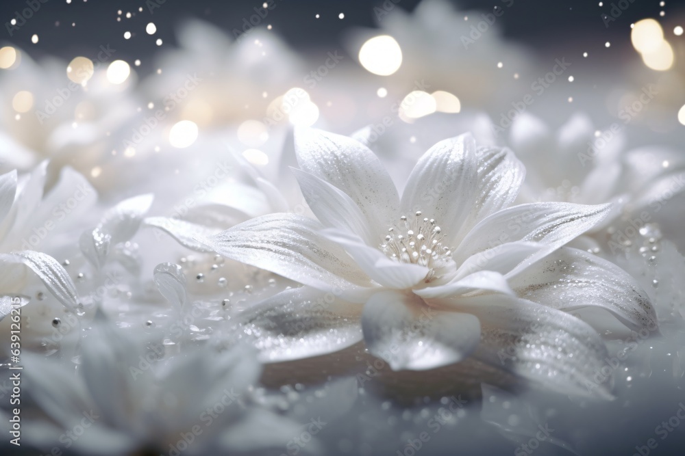 Fototapeta premium Beautiful flower on bokeh background with copy space. Аbstract background with bokeh defocused lights. Glittering lights background. 3D rendering 