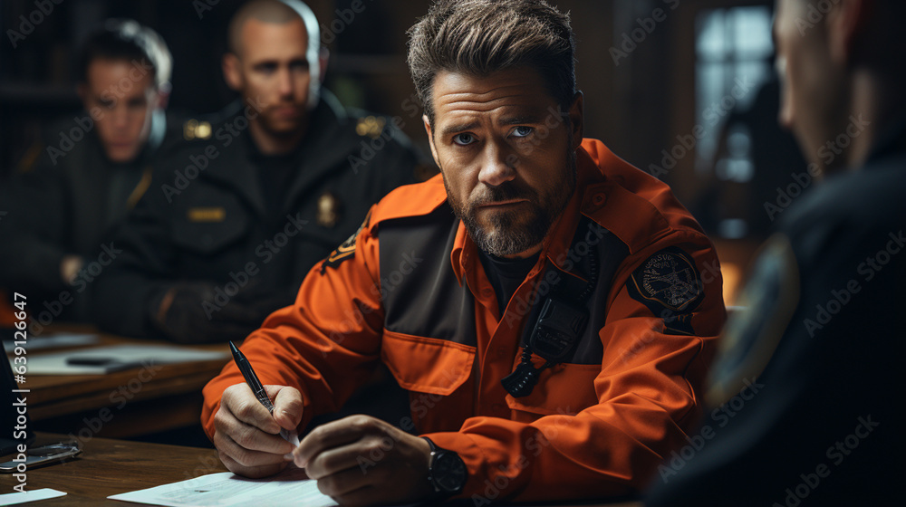 Fototapeta premium Detective talking to murderer. Crime