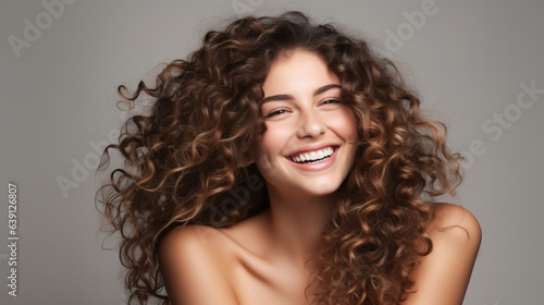 Portrait of a woman highlighting skincare and beauty cosmetics for a radiant, healthy glow, set against a modern studio background. Cheerful model with beautiful curly hair smiling. Generative AI