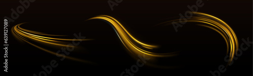 Golden glowing shiny spiral lines effect. Falling fireball meteorite. Vector illustration of a burning falling fireball meteor. 