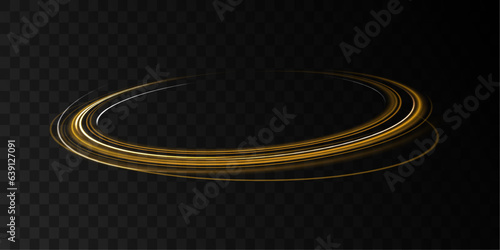 Glittering wavy trail. Golden glowing shiny spiral lines effect. Curved yellow line light. Rotating shining rings. Shine magic gold swirl with flare sparkles Vector	
