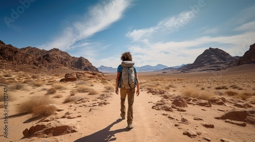 Male hiker, full body, view from behind, walking in the desert