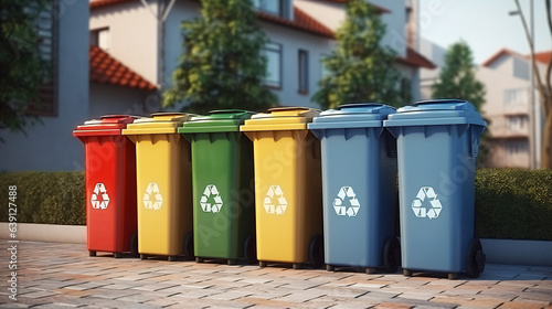 Plastic, glass, metal, and paper recycling bins against a modern background. Trash cans designed for waste separation in a recycling concept.\
\
Generative AI