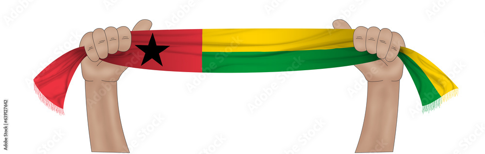 3D illustration. Hand holding flag of Guinea-Bissau on a fabric ribbon background. 3D illustration. Hand holding flag of Guinea-Bissau on a fabric ribbon background.