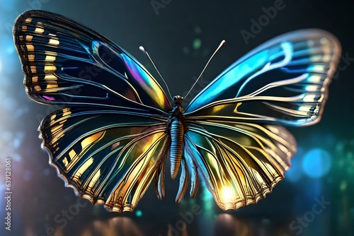 A metallic butterfly with reflective wings, catching and refracting sunlight to create a stunning iridescent effect