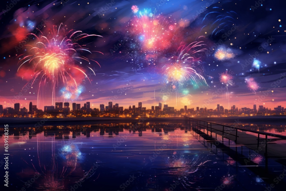 Colorful fireworks on the black sky background over-water and with a view of the city