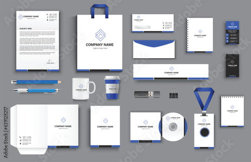 office business stationary set in blue black white color vector design with letter head envelop folder id card notepad dvd cover usb paper clip pen pencil cups business card shopper