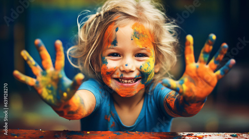 Young girl engaging with colorful paints  hand covered in vibrant hues. Concept of creative and happy childhood against a modern background.  Generative AI