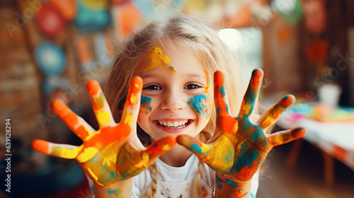 Young girl engaging with colorful paints, hand covered in vibrant hues. Concept of creative and happy childhood against a modern background.Generative AI