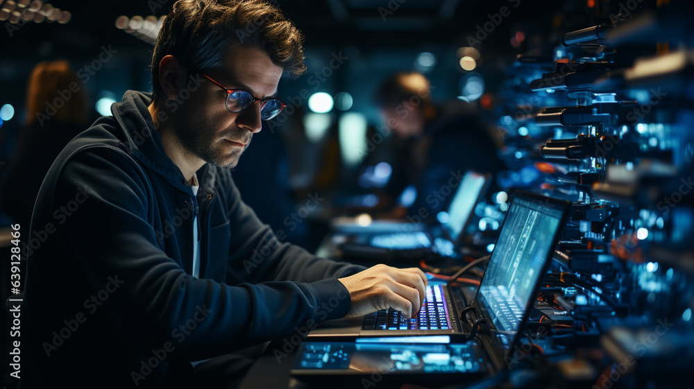 IT Specialist at data center using Laptop Computer. Server farm cloud computing facility with System administrator working. Innovation and technology background concept IT Specialist at data center using Laptop Computer. Server farm cloud computing facility with System administrator working. Innovation and technology background concept