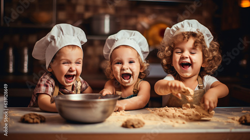 Happy family and playful children baking cookies in a modern kitchen. Concept of creative and joyful childhood.

Generative AI photo